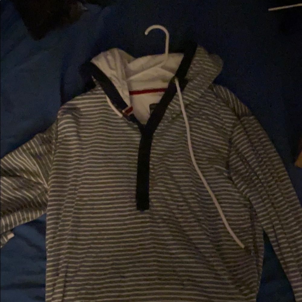 Striped long sleeve button up w/ hood